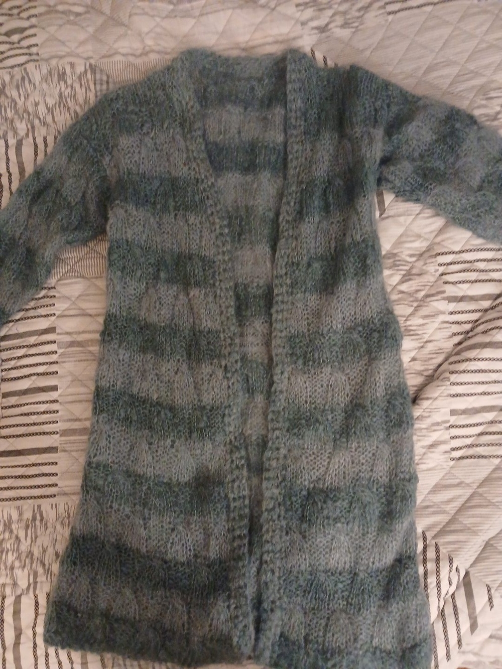 Cozy Blue-Green Wool Striped Open Cardigan Sweater
